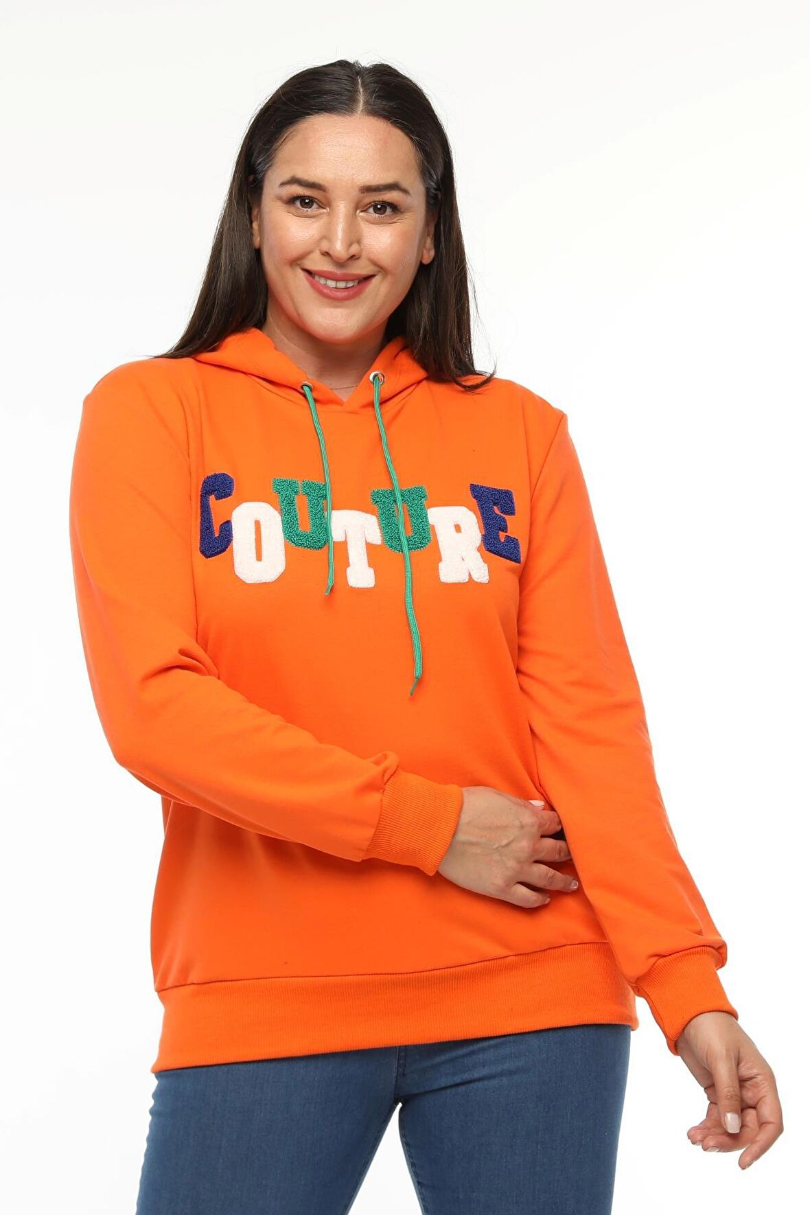 Kadın Büyük Beden Couture Yazılı Turuncu Sweatshirt