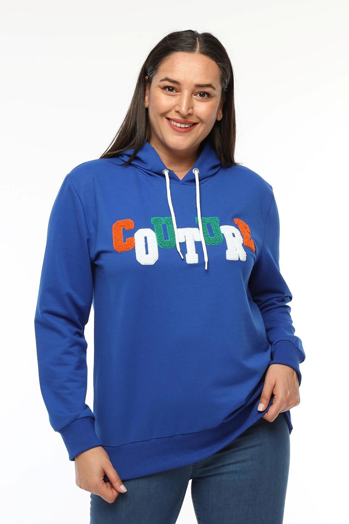 Kadın Büyük Beden Couture Yazılı Mavi Sweatshirt