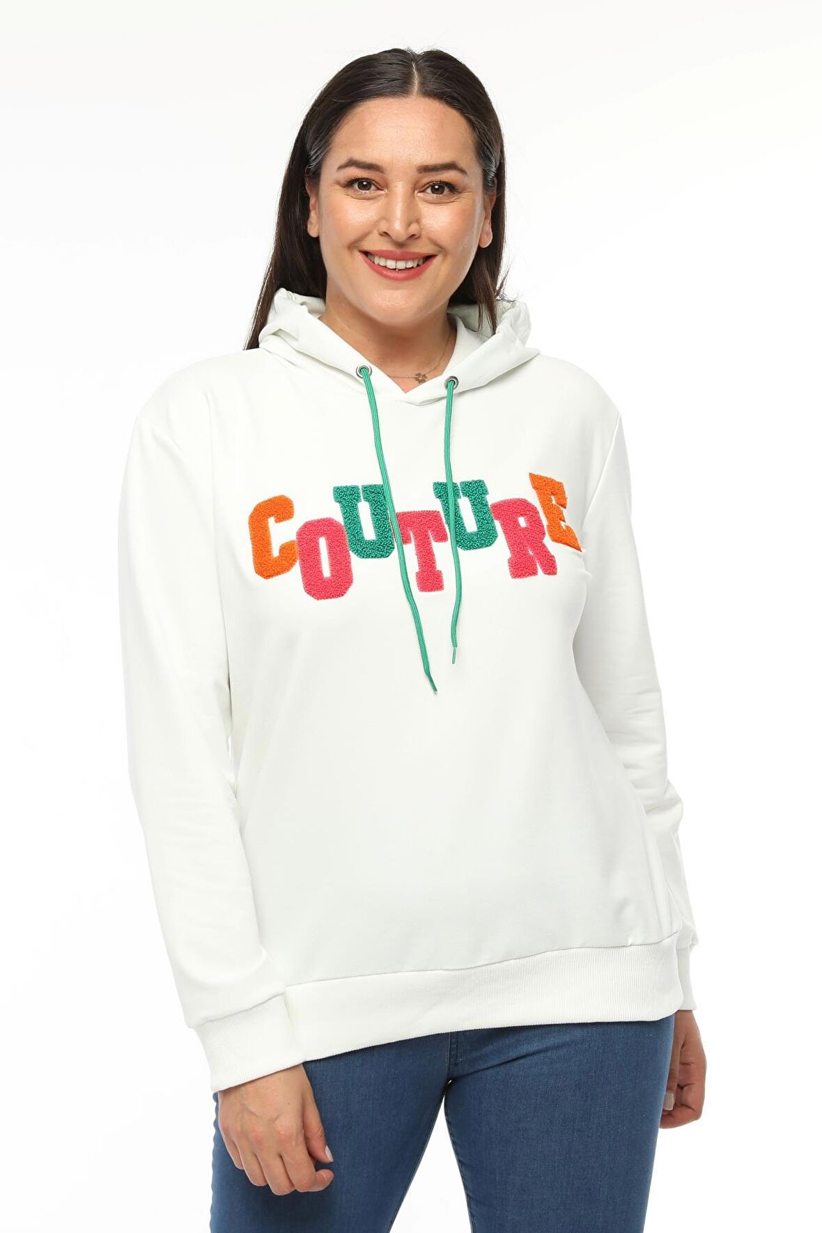 Kadın Büyük Beden Couture Yazılı Beyaz Sweatshirt