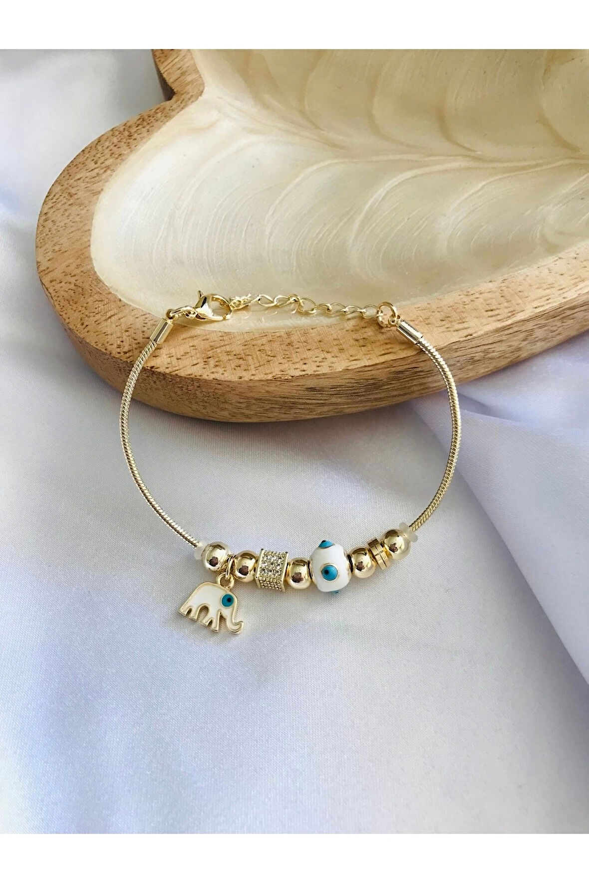 Gold Filli Nazar Boncuklu Taşlı Charm Bileklik