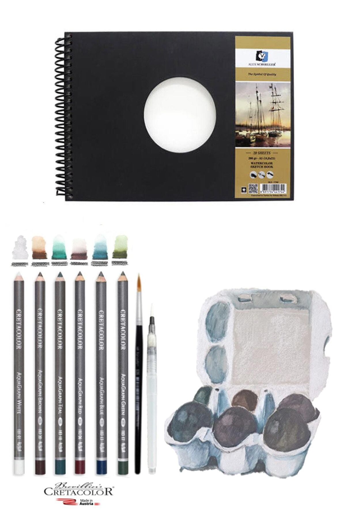 Alex Schoeller A5 300 Gr Cretacolor 6'lı Aquarell Sulandırılabilir Fırçalı Eskiz Dereceli Çizim Set