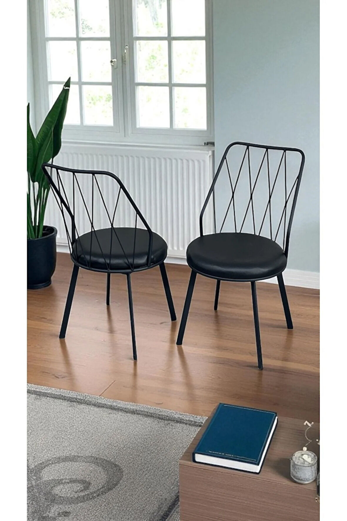 2 Adet Siyah Yıldız Metal Tel Sandalye Mutfak Cafe Sandalyesi