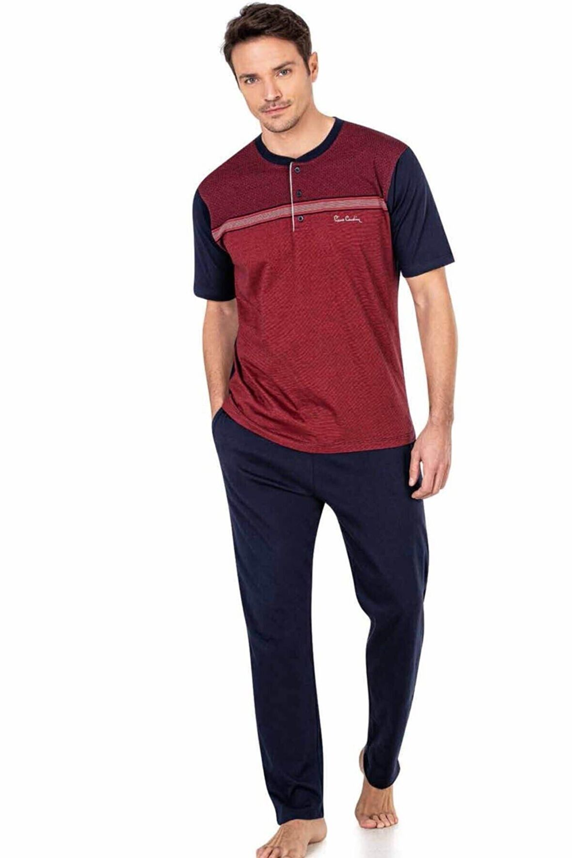 %100 Pamuklu Düğmeli Jakarlı 3'lü Kısakol Yazlık Erkek Pijama Takımı