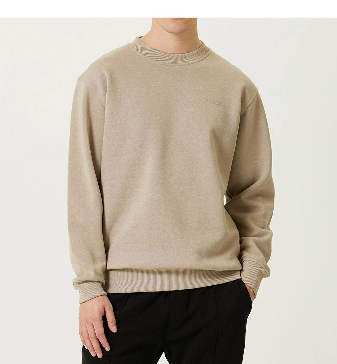 Erkek Bisiklet Yaka Basic Bej 3 İplik İçi Polarlı Şardonlu Sweatshirt