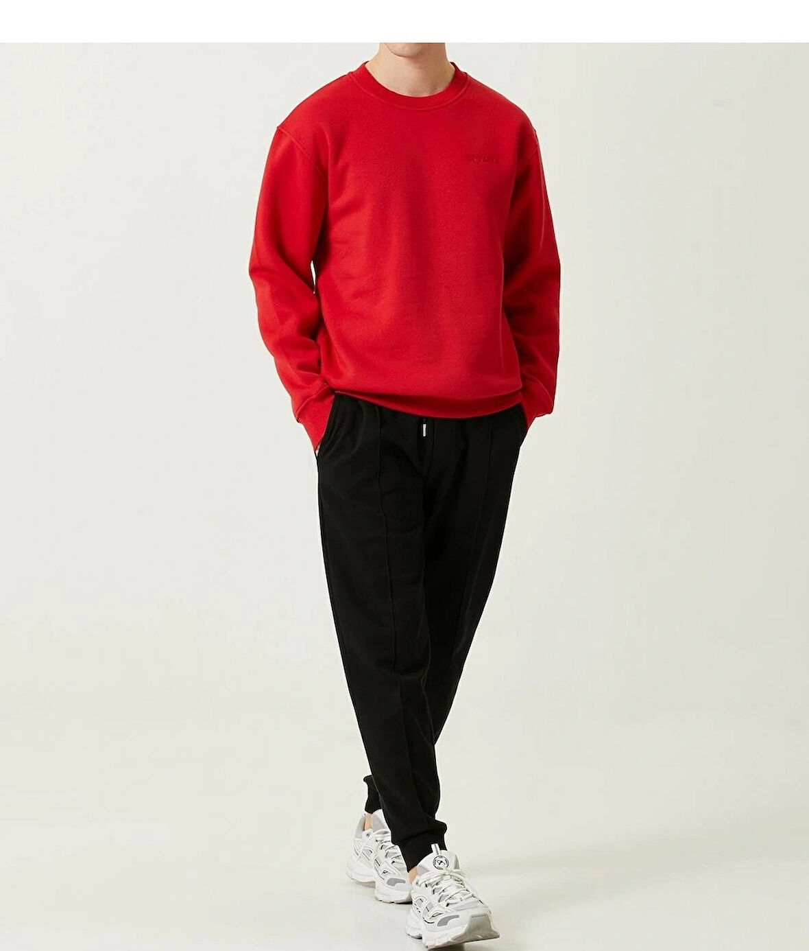 Erkek Bisiklet Yaka Basic Kırmızı 3 İplik İçi Polarlı Şardonlu Sweatshirt