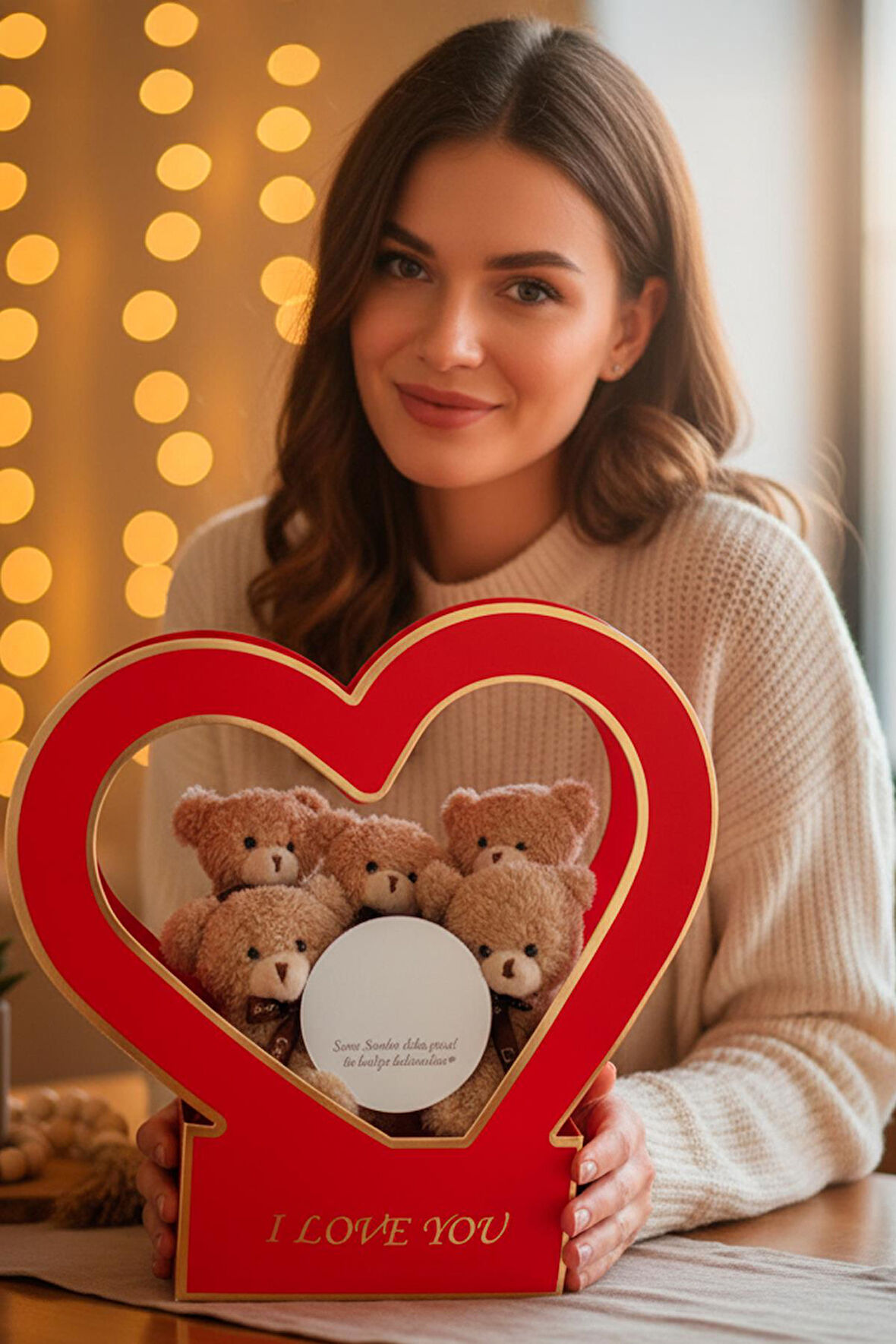 Özel Kalpli Kutuda Romantik Mesajlı Aynası ile Boz 5'li Peluş Ayıcık Buleti