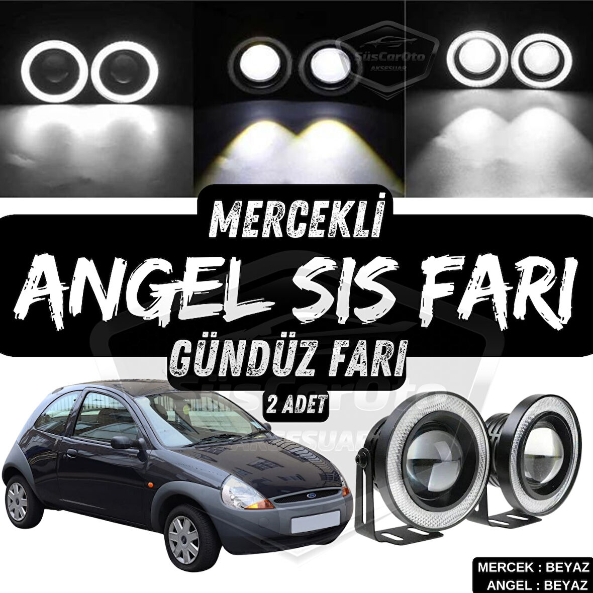 Ford Ka 1996-2008 Uyumlu Üniversal Mercekli Angel Sis Farı Metal Su Geçirmez 76 mm Beyaz Halkalı Gündüz Farı Angel Eyes 2 Adet