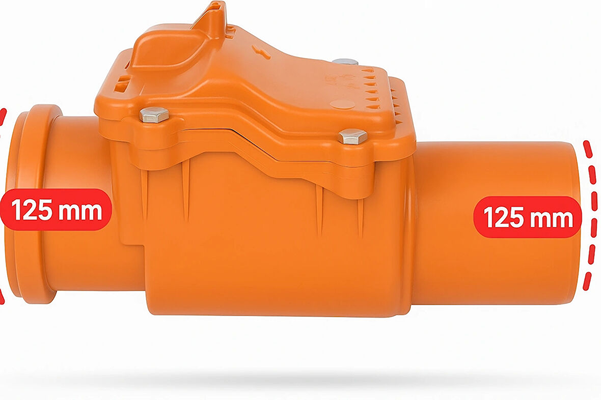 Ø125 mm PVC Atık Su Gider Çekvalfi – Geri Akış ve Koku Önleyici Kilitli Valf Sistemi