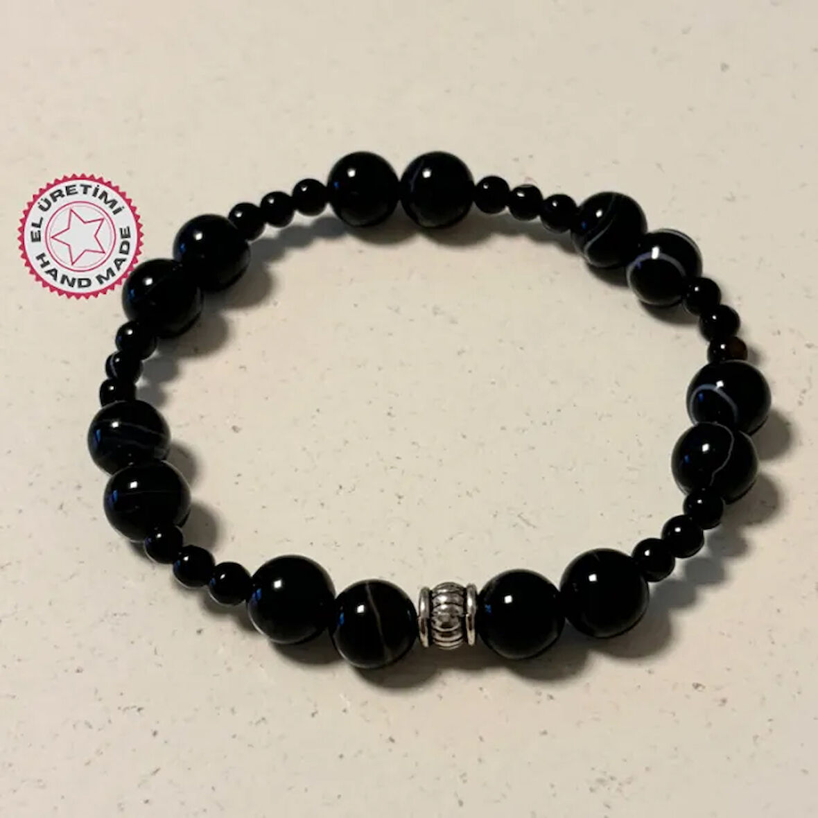 Uretti - Şerife 8341 El Yapımı Bostawana Akik Erkek Doğal Taş Bileklik 17cm  - Siyah