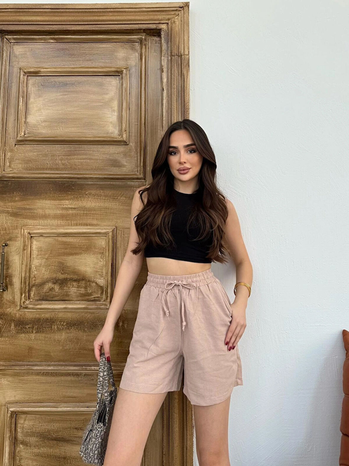 Vizon Keten Şort Çift Cep Detaylı Beli Bağlamalı