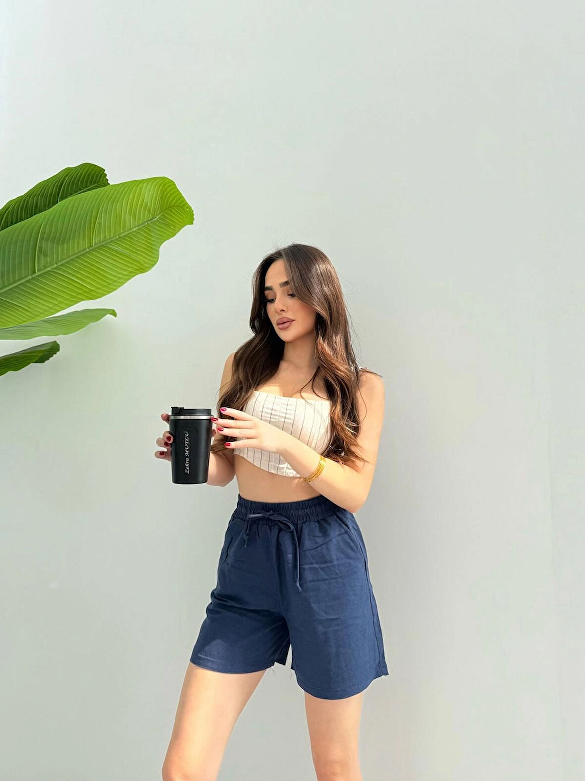 Lacivert Keten Şort Çift Cep Detaylı Beli Bağlamalı