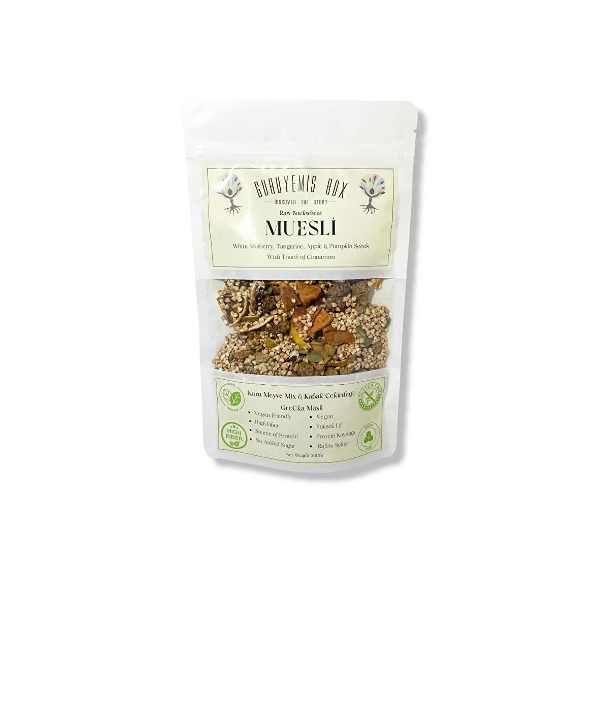 MÜSLİ kAHVALTILIK GEVREK GREÇKA ÇİĞ KARABUĞDAY KURU MEYVELİ KABAK ÇEKİRDEKLİ MANDALİNA DUT ELMA VEGAN ŞEKERSİZ GLUTENSİZ  240GR