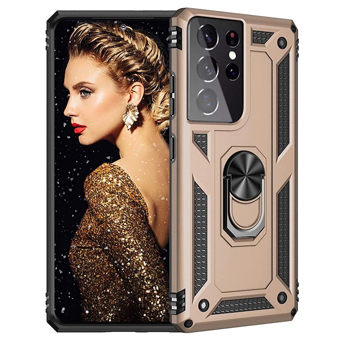 Smcase Samsung Galaxy S21 Ultra 5G Kılıf Vega Yüzüklü Standlı Tank Kapak