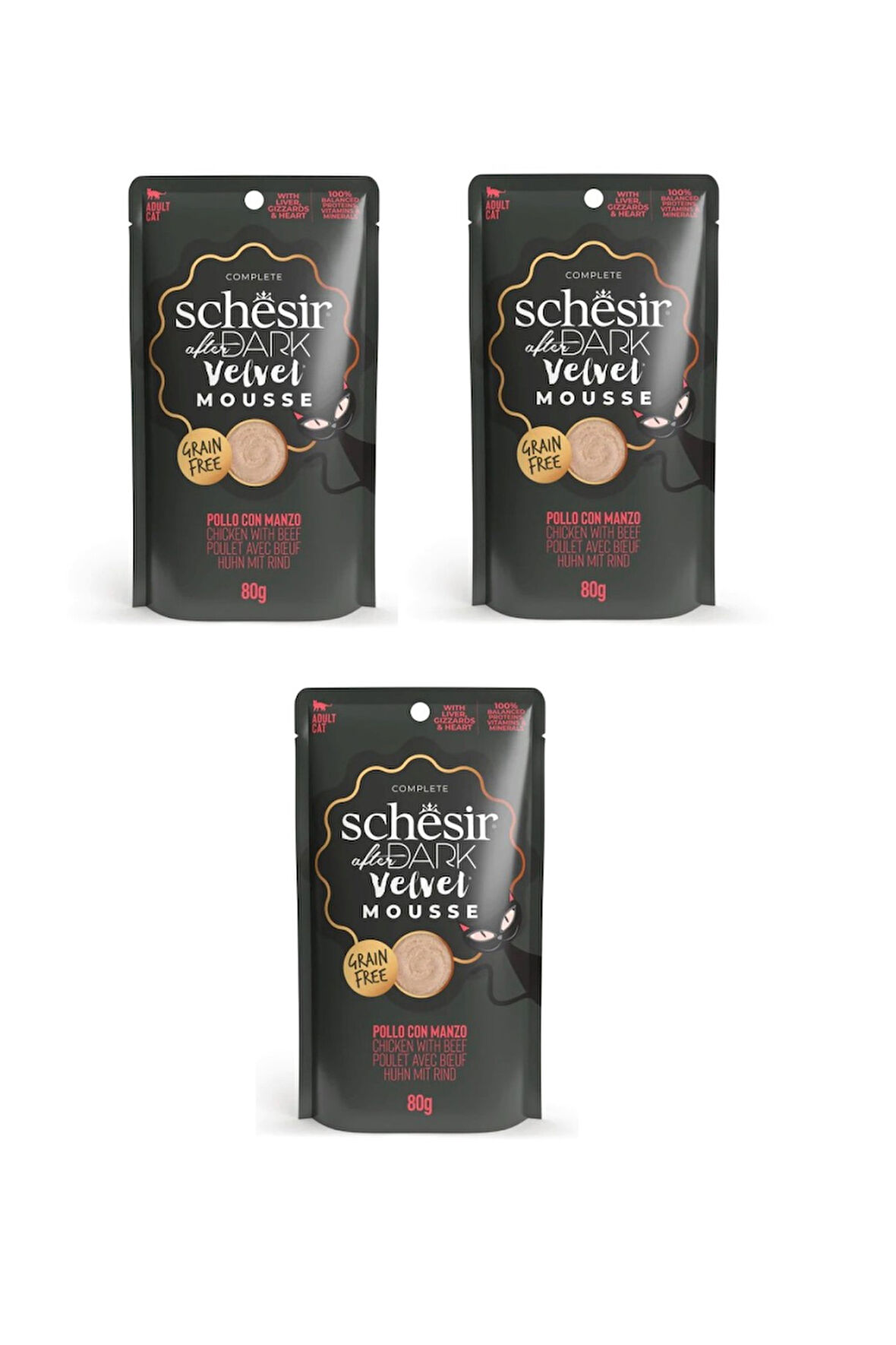 Schesir After Dark Tavuk ve Sığır Etli Pouch Mousse Kedi Yaş Mama 80 Gr. X 3 Adet