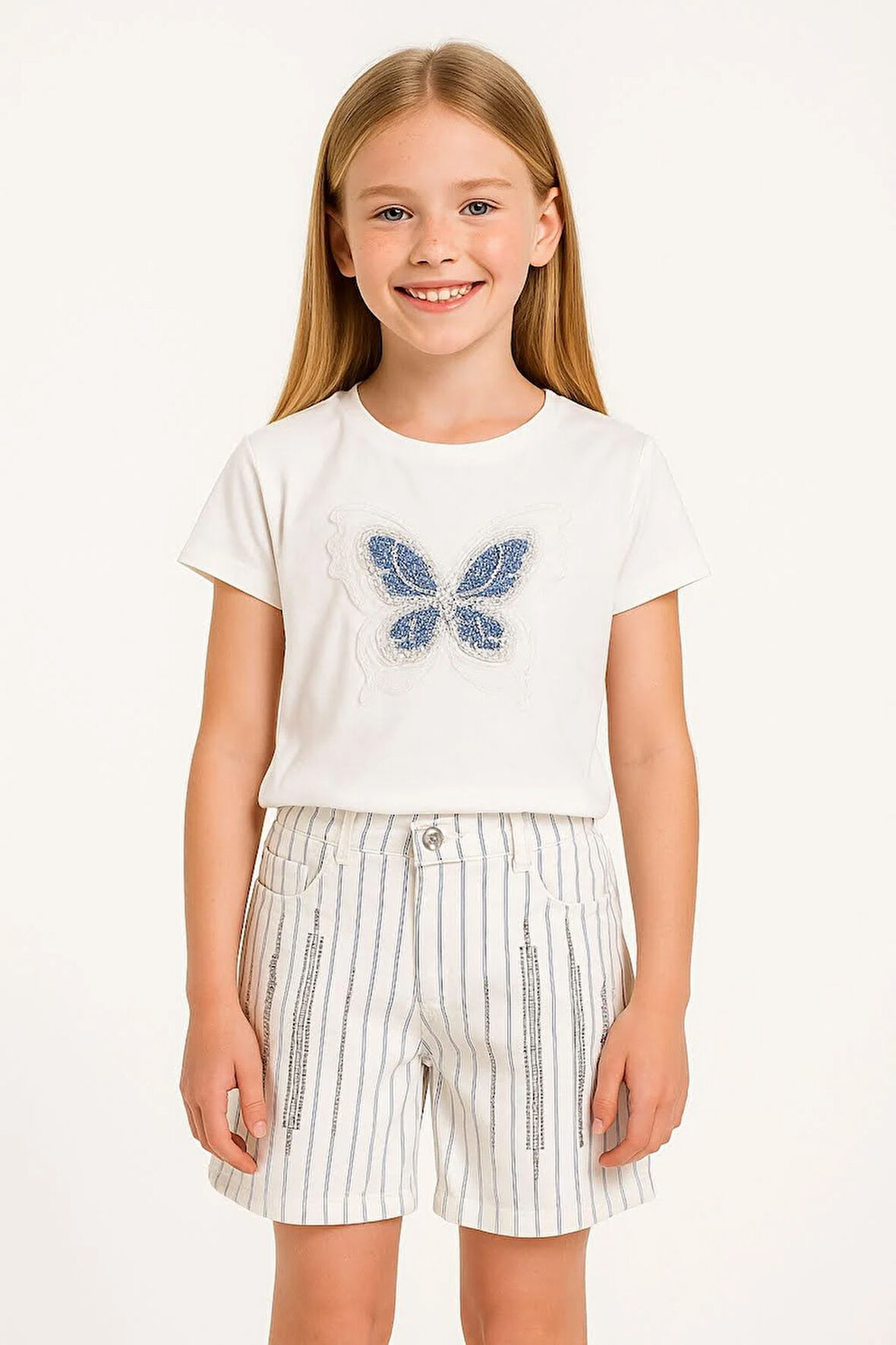 Kız Çocuk Çizgili Kanvas Şort