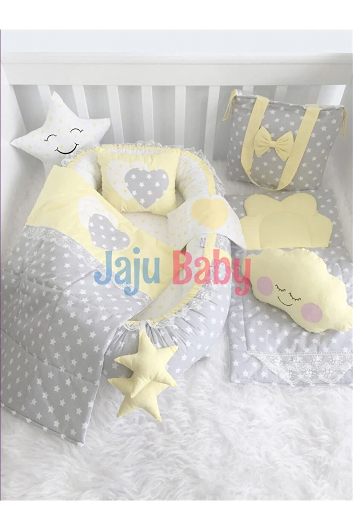 Nest Gri Ve Sarı Yıldızlı Lüx 8 Parça Jaju-babynest Anne Yanı Bebek Yatağı Set