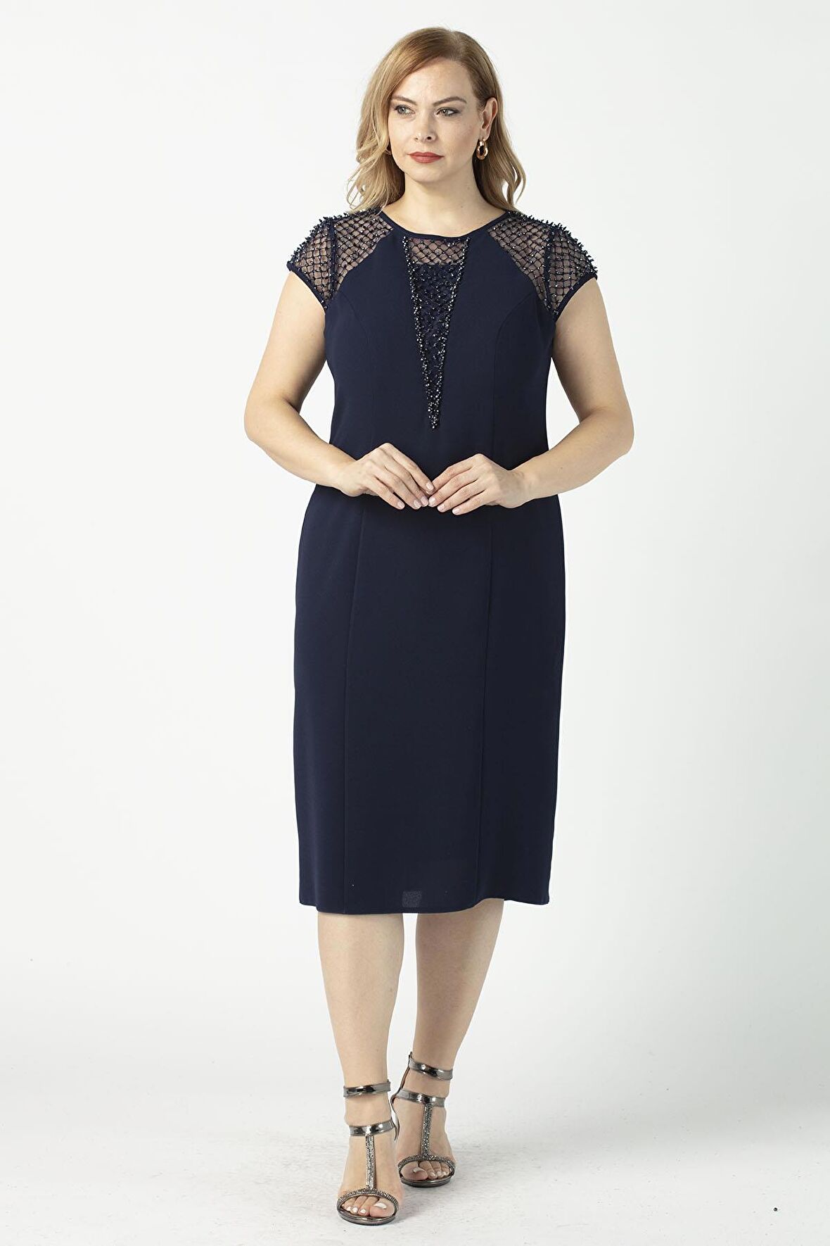 1279 Kare Baklava Desenli Kısa Büyük Beden Abiye Elbise Lacivert