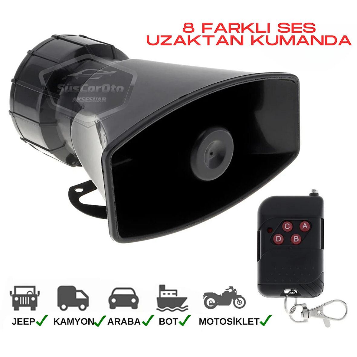 Her Araca Uyumlu Üniversal Uzaktan Kumandalı Siren 8 Farklı Siren Sesi Korna Güçlü Polis Sireni 12V 100W