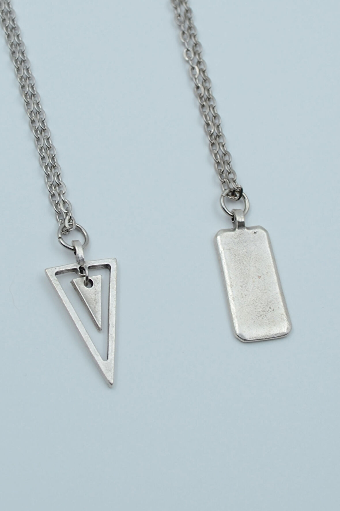 2'li Sallantılı Üçgen Dikdörtgen Bar Gümüş Kaplama Kolye Seti