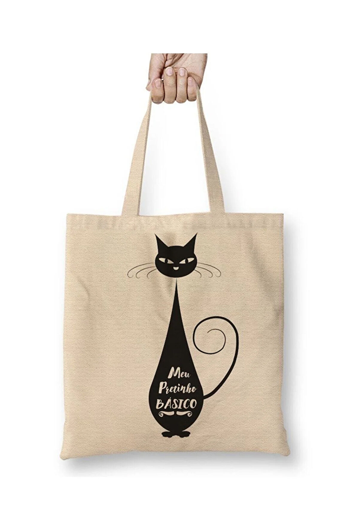 Meu Pretinho Basico Cat Kedi Beyaz Bez Çanta Uzun Saplı Alışveriş Çantası Plaj Çantası