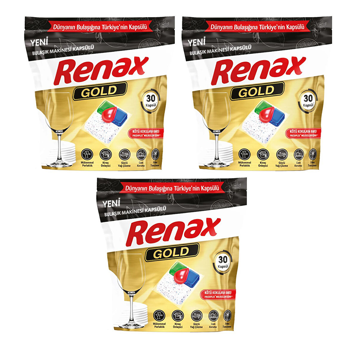 Renax Gold Bulaşık Makinesi Kapsülü Hepsi Bir Arada 30 lu x 3 Adet (90 Kapsül)