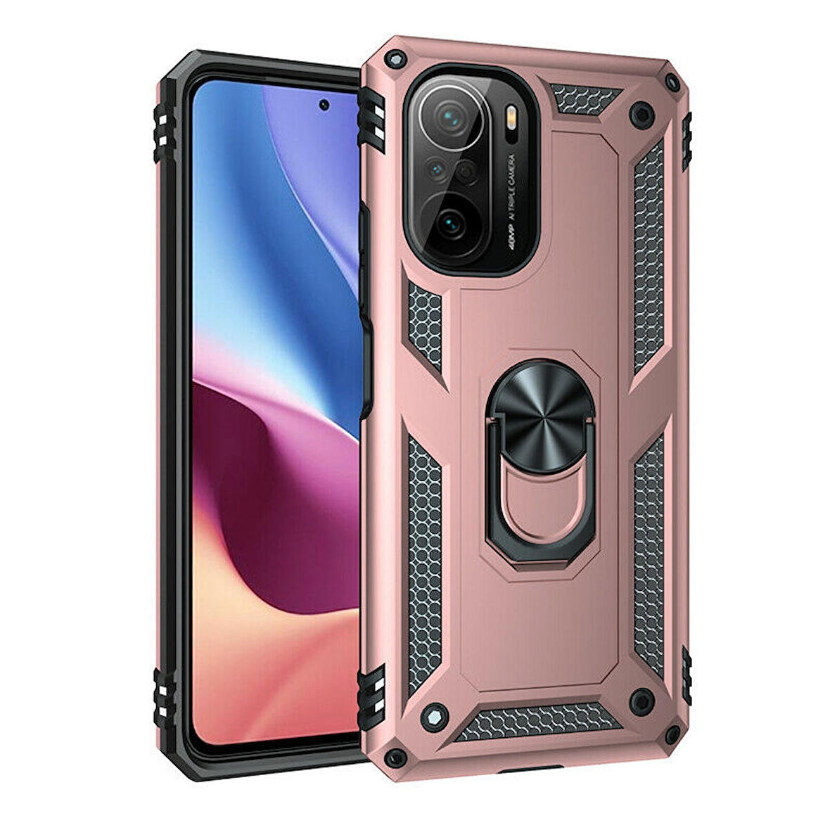 Smcase Xiaomi Redmi K40 Kılıf Vega Yüzüklü Tank Silikon  Nano Ekran Koruyucu