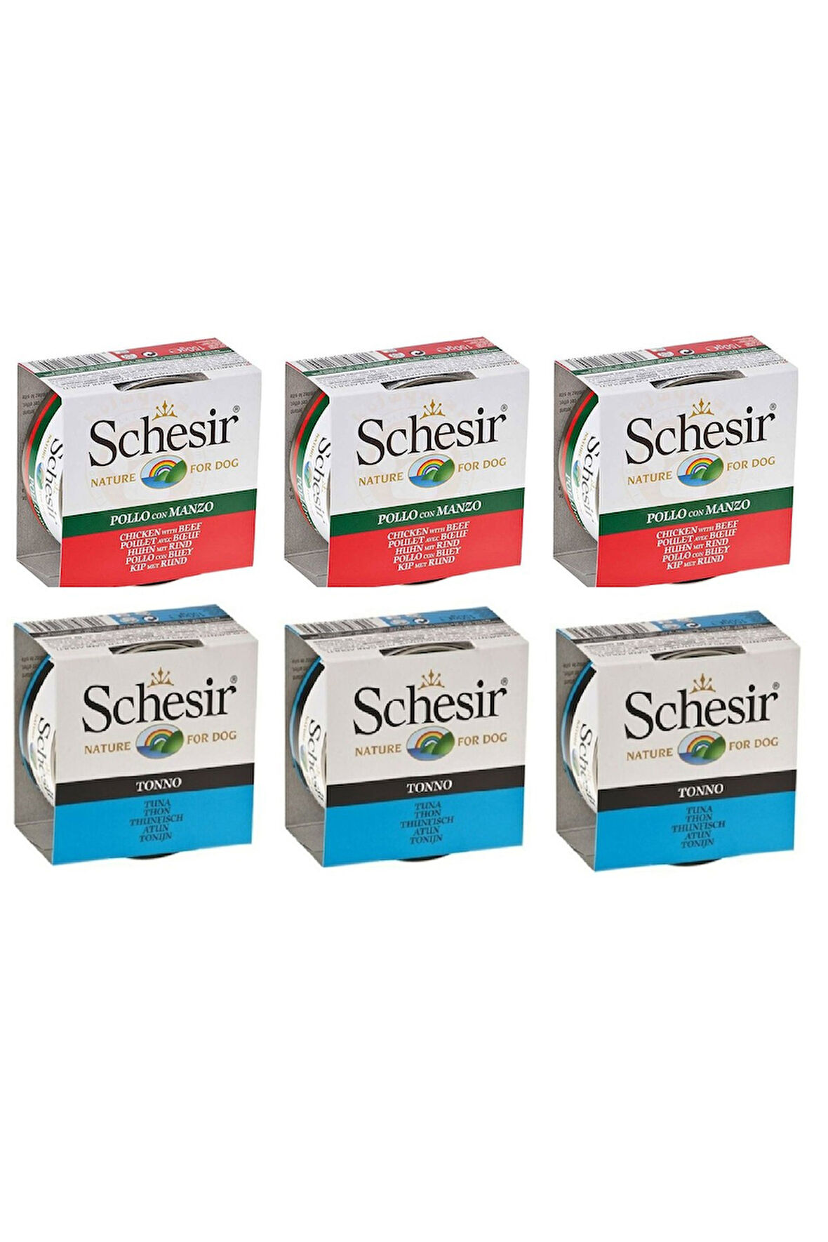 Schesir 2 Çeşit Sığır ve Ton Balıklı Karma Köpek Konservesi 150 Gr. X 6 Adet