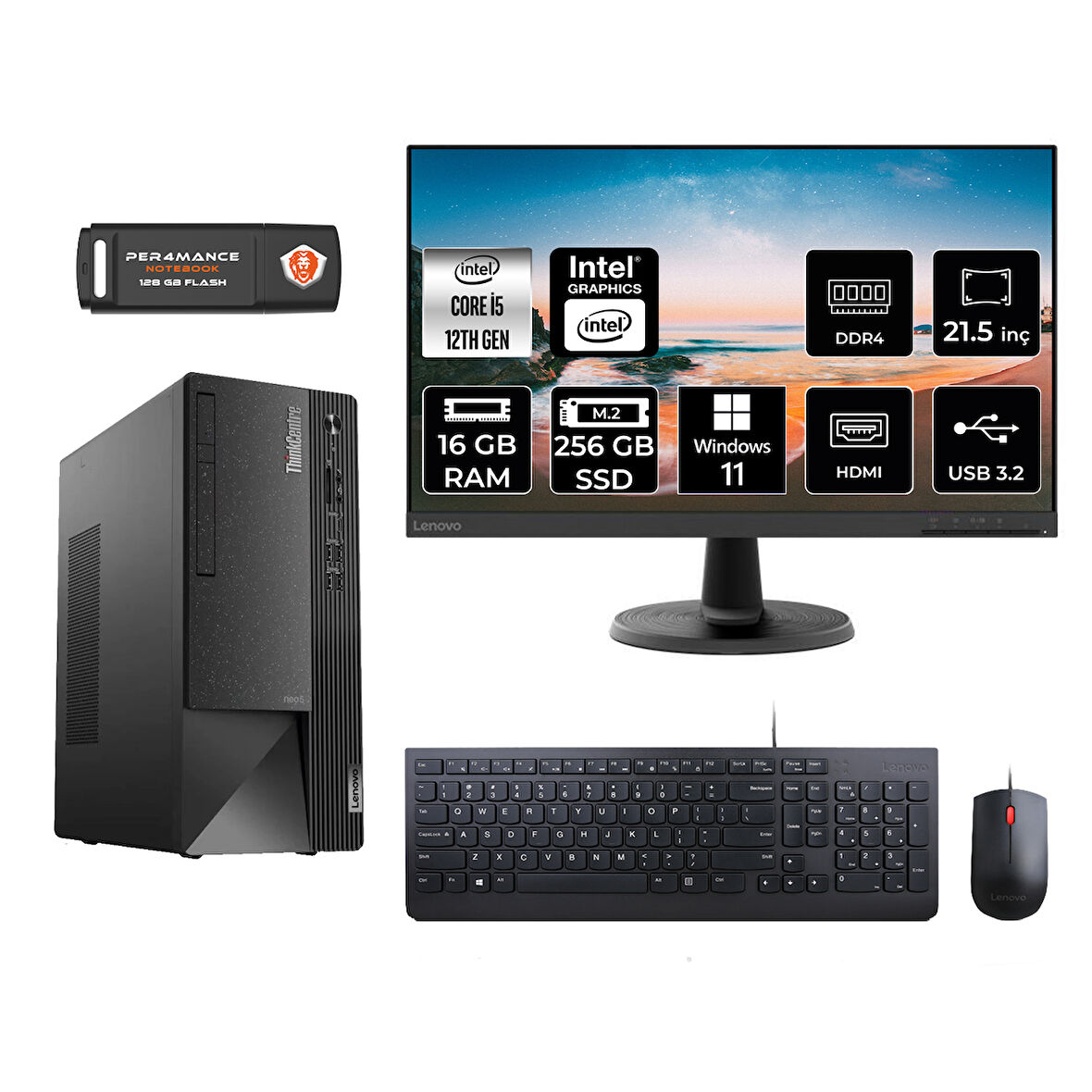 LENOVO Neo 50T M0BPTXD111 i5 12400 16GB RAM 256GB SSD 21.5" W11P MASAÜSTÜ PC