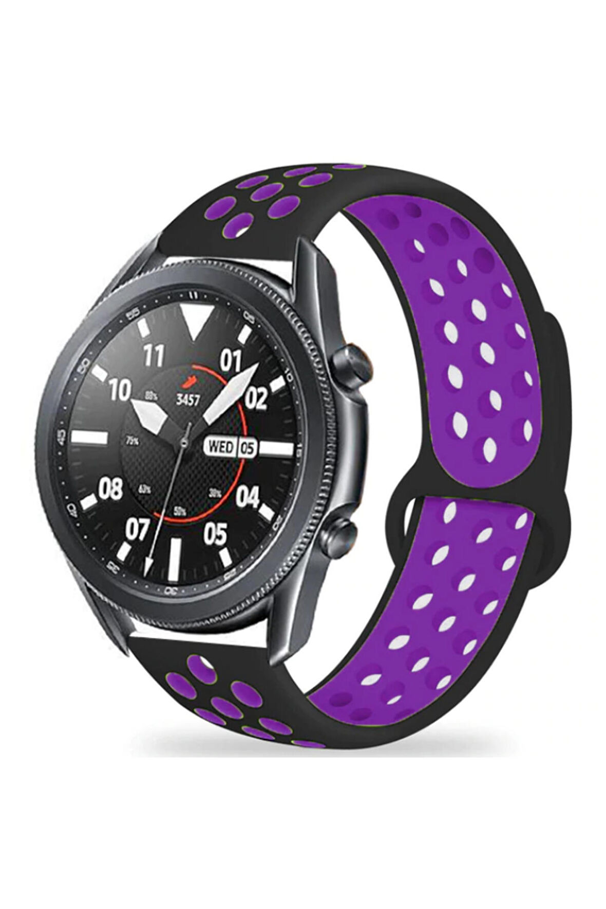 Huawei Watch 3 Pro Classic (48mm) 22mm için Delikli Silikon Kordon-02 Siyah-Mor