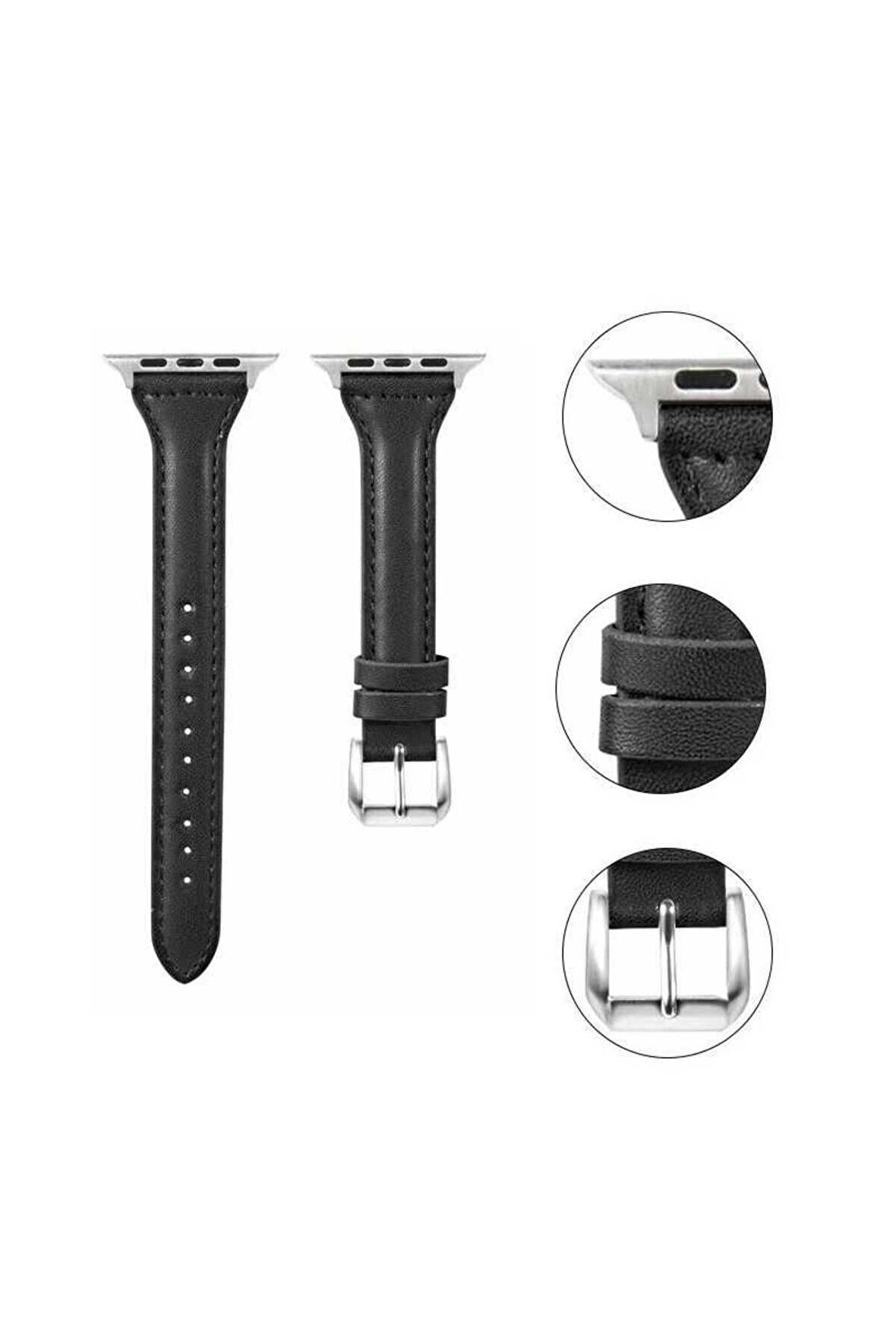 Mobicas Apple  Watch 42-44-45-49mm Uyumlu ince Deri Kordon-28 Siyah