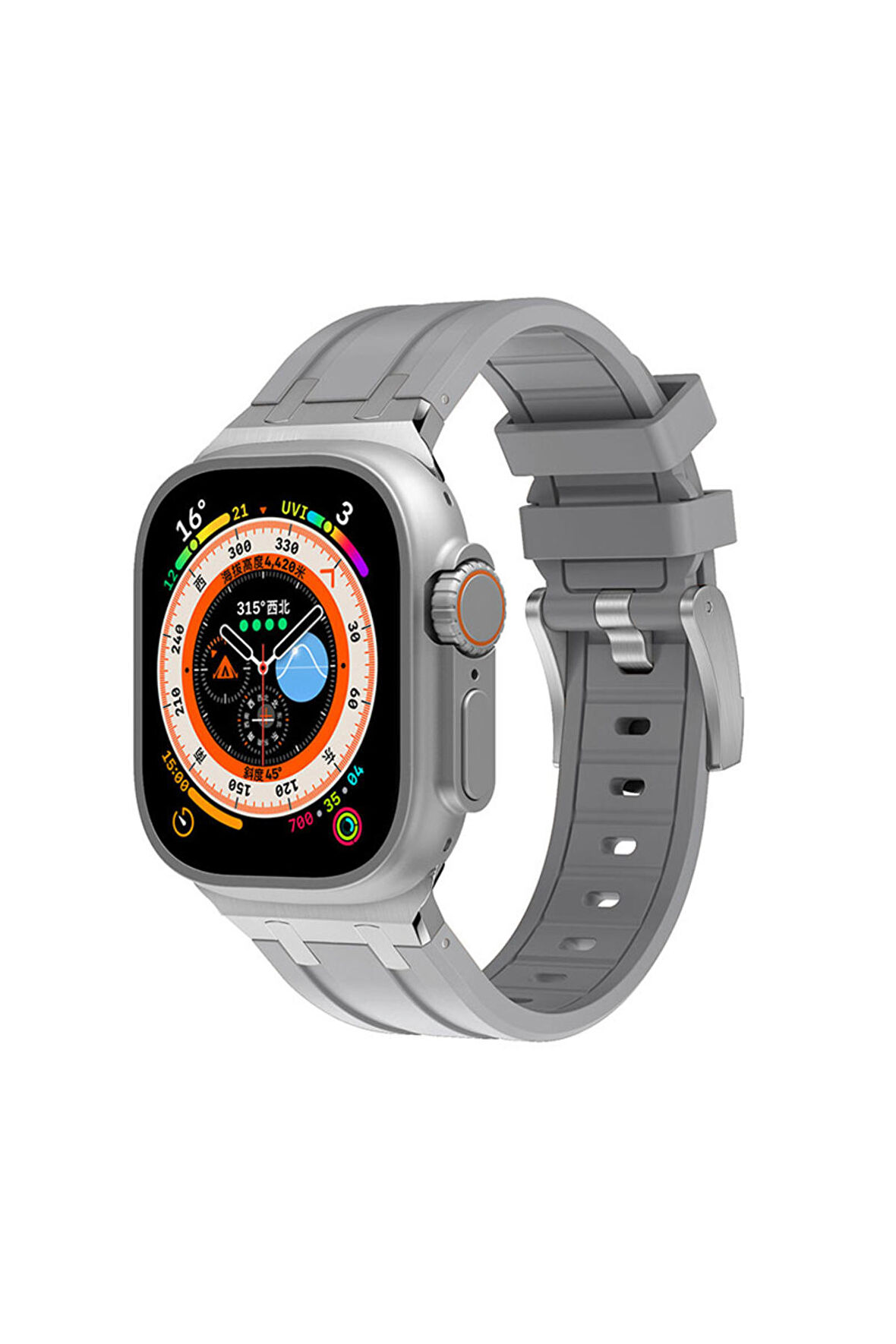 Apple Watch 42-44-45-49mm için Metal Toka Tasarımlı Silikon kordon-89 Gri