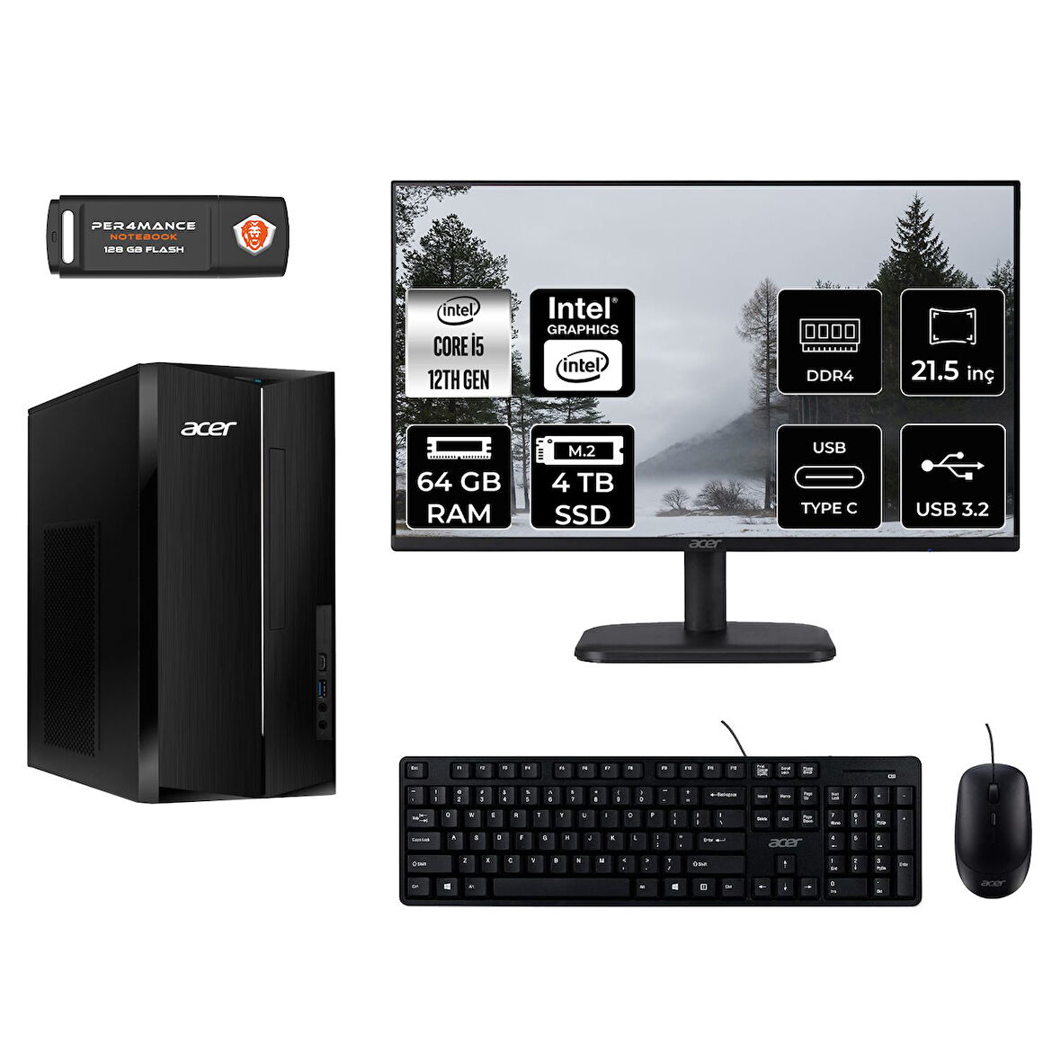 ACER ASPİRE TC1760 MDT005D050 i5 12400 64GB RAM 4TB SSD 21.5" FDOS MASAÜSTÜ PC