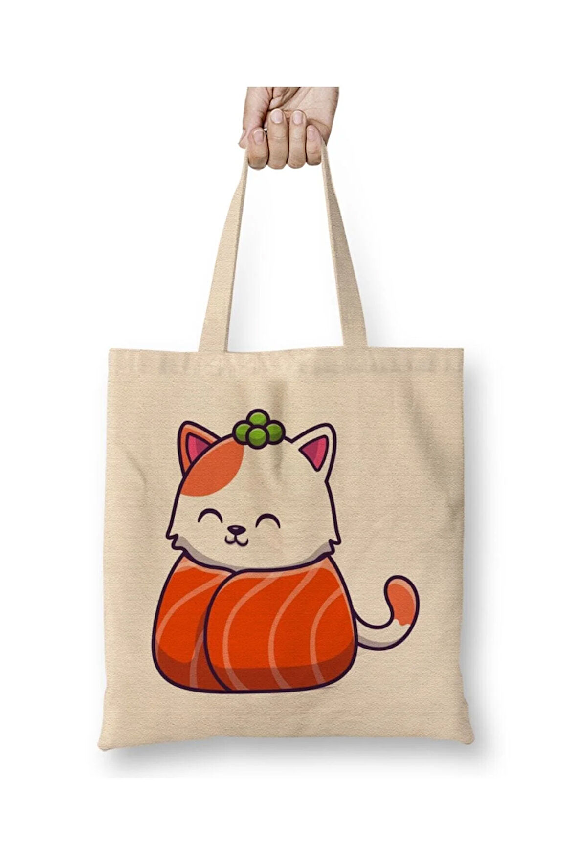 Cute Cat Sushi Salmon v2 Beyaz Bez Çanta Uzun Saplı Alışveriş Çantası Plaj Çantası