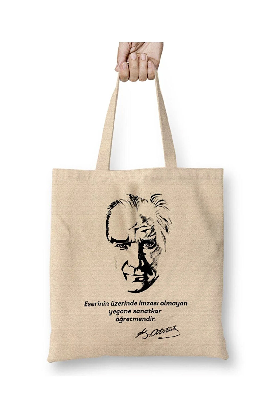 Atatürk Söz Öğretmenler Günü Öğretmene Hediye Beyaz Bez Çanta Uzun Saplı Alışveriş Çantası