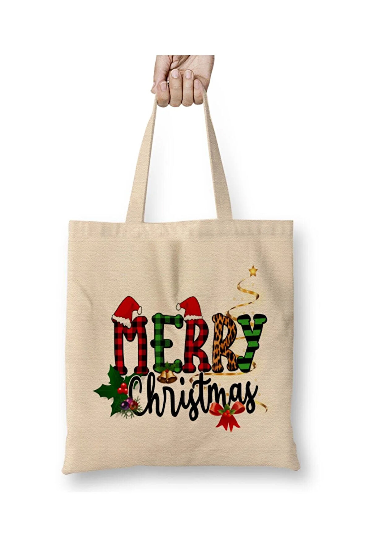 Yılbaşı Yeni Yıl Merry Christmas Beyaz Bez Çanta Uzun Saplı Alışveriş Çantası Plaj Çantası