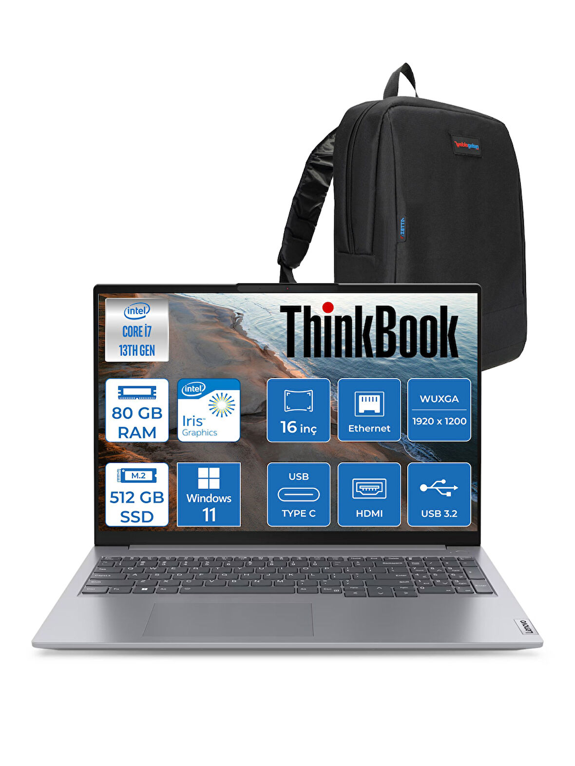 Lenovo Thinkbook 16 G6 Irl Intel Core I7 13700H 80GB 512GB SSD Intel Iris Xe 16" Wuxga 300NITS IPS Windows 11 Home Taşınabilir Bilgisayar 21KH00V1TRH26 + Zetta Çanta