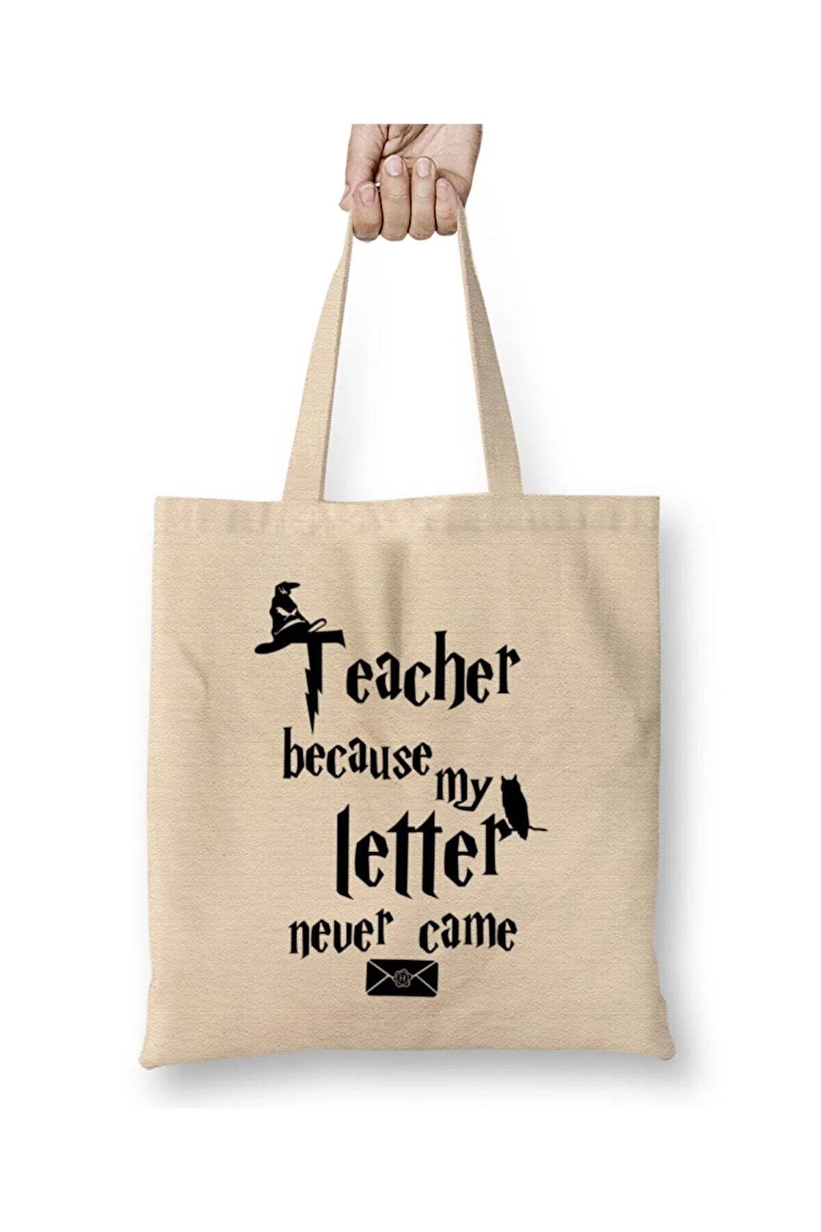 Teacher Because Yazılı Öğretmenler Günü Beyaz Bez Çanta Uzun Saplı Alışveriş Çantası Plaj Çantası