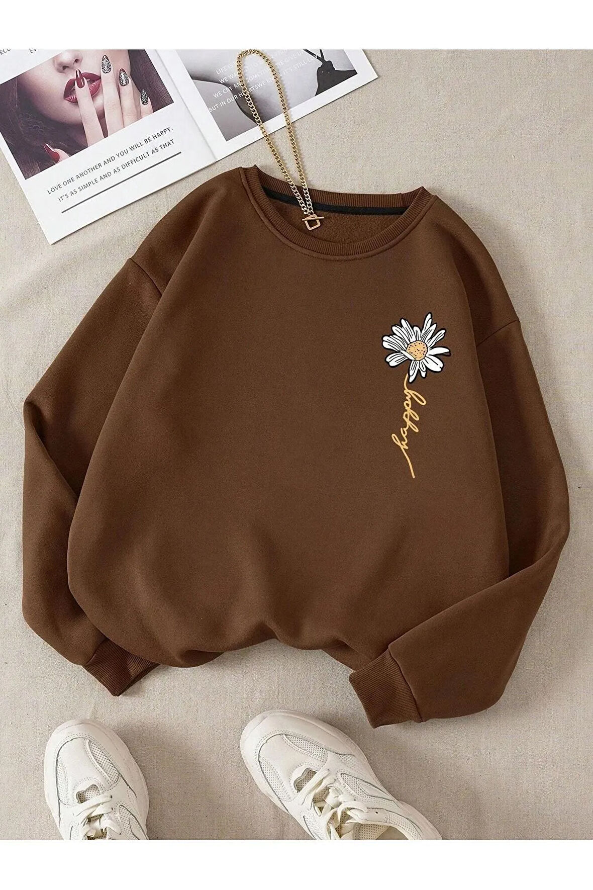 Kadın Kahverengi Papatya Baskılı Bisiklet Yaka Sweatshirt