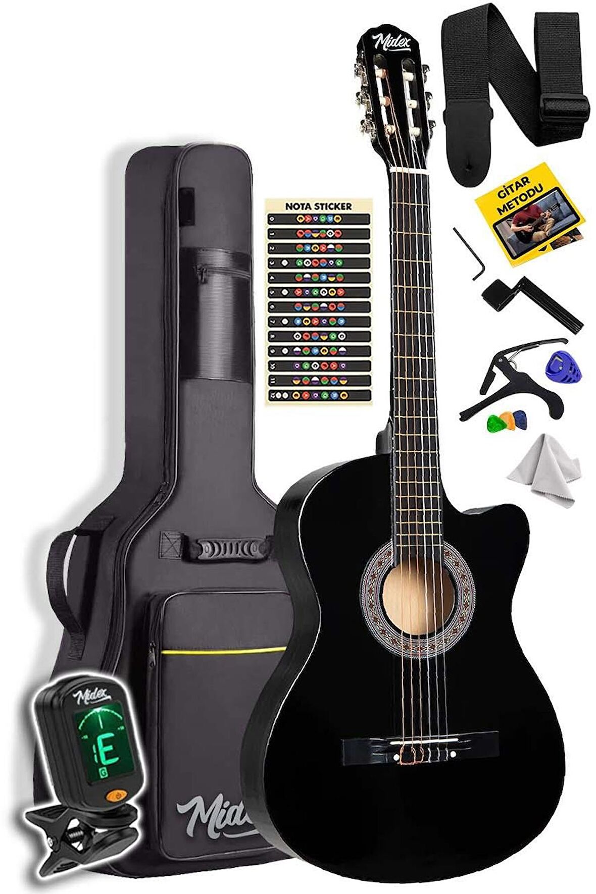 Midex CG-390BK-XBAG Siyah Klasik Gitar 4/4 Sap Ayarlı Kesik Kasa Full Set (Çanta Tuner Askı Capo Metod Pena)