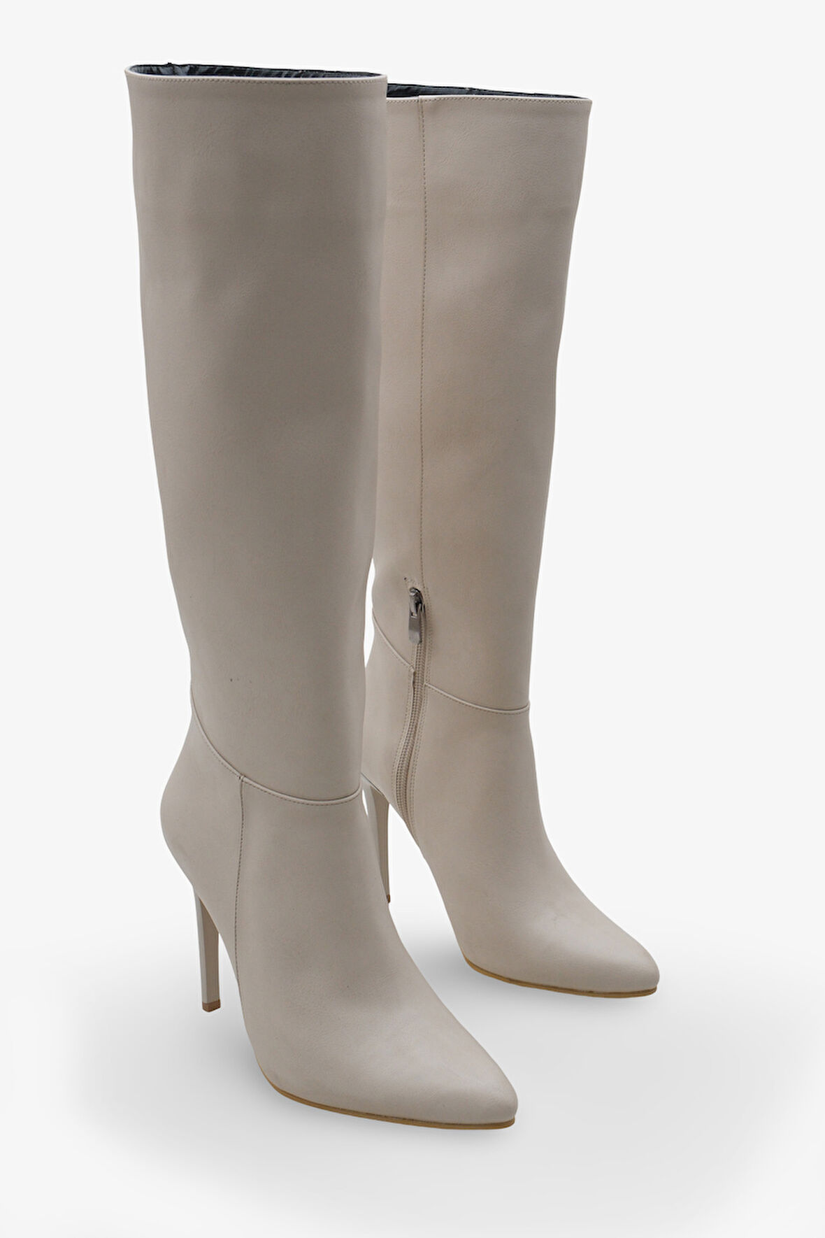 Kadın Sivri Burunlu Topuklu Yandan Fermuarlı Günlük Çizme Masi Ekru