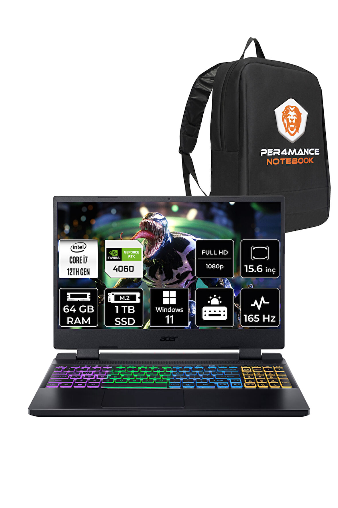 Acer Nitro 5 i7 12650H 64GB 1TB SSD RTX4060/8GB 165Hz FHD 15.6" W11H Gaming Laptop & PER4 ÇANTA