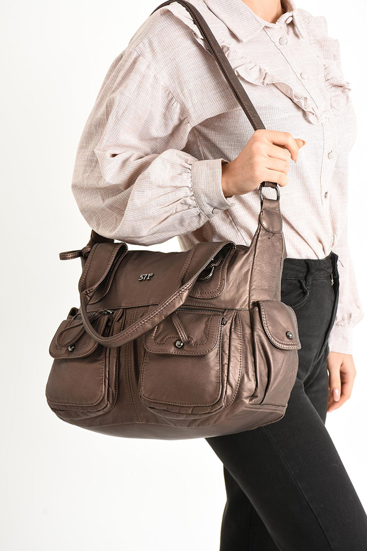 Suni Deri Çapraz Askılı Çok Bölmeli Omuz Çantası Bronz (Model: 571-11-10F)