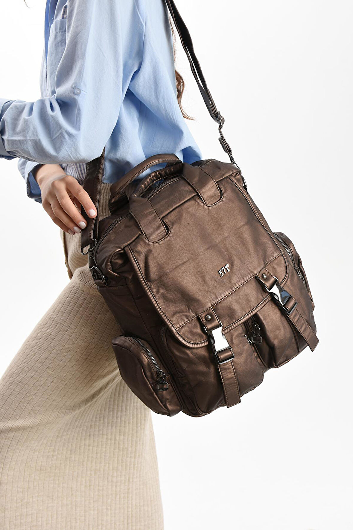 Suni Deri Omuz Çantası Bronz (Model: 571-13-10H) 