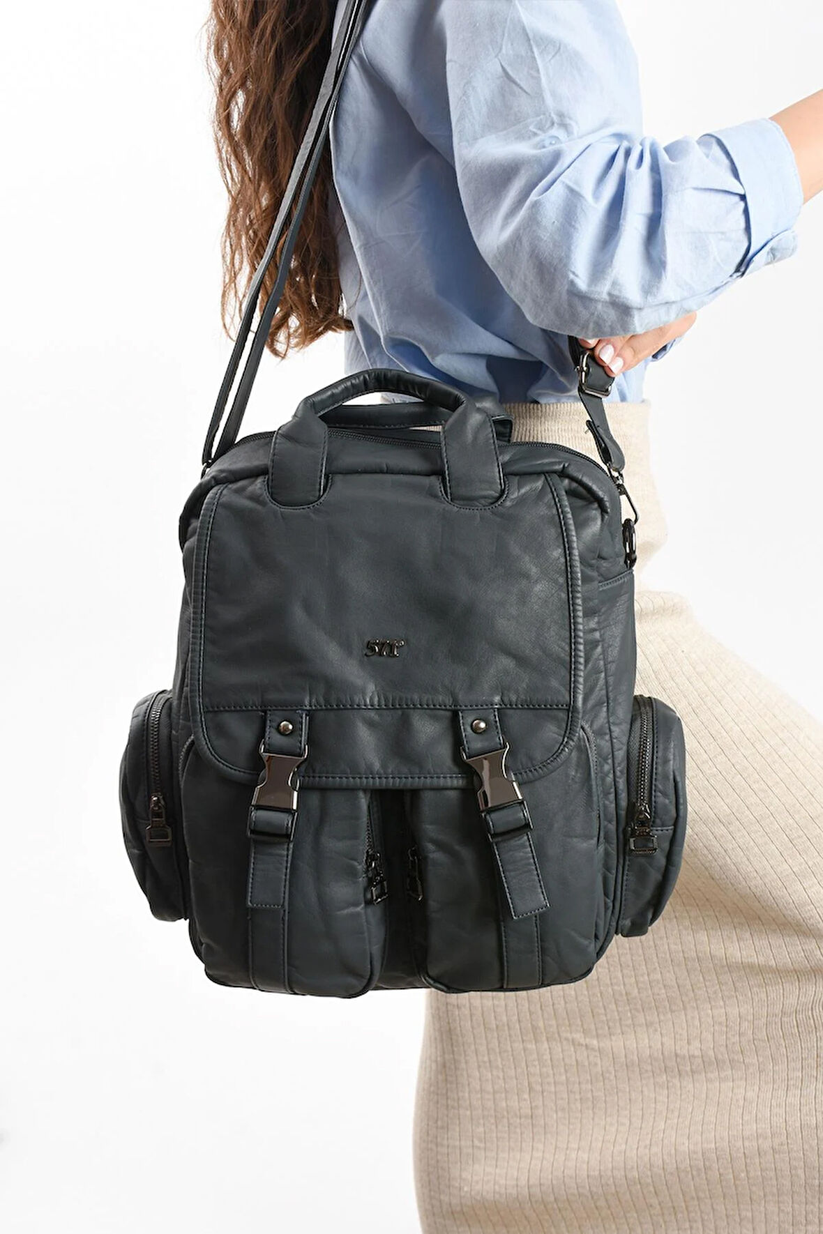 Suni Deri Omuz Çantası Mavi (Model: 571-13-10H) 