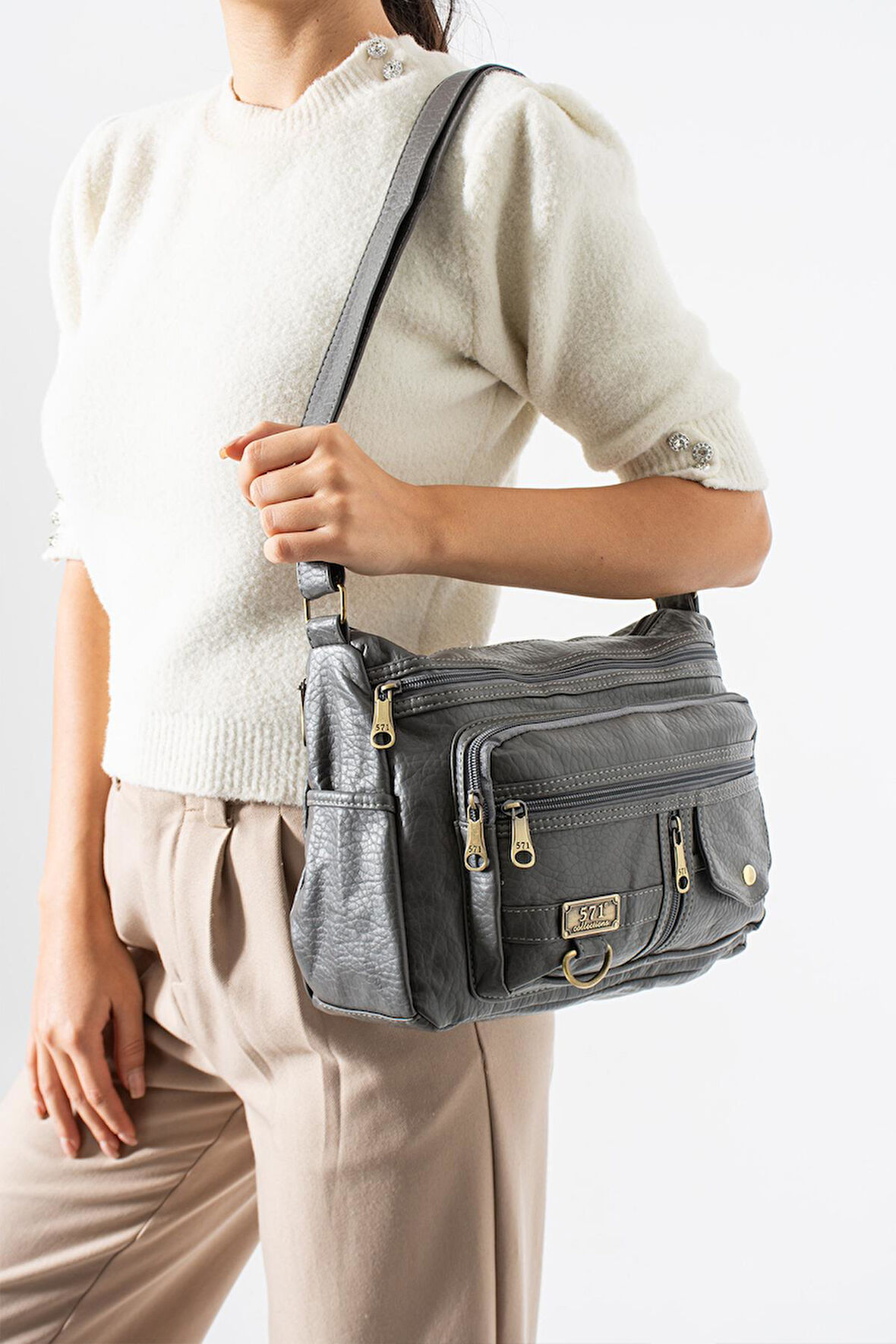 Yıkama Deri Çapraz Askılı Omuz Çantası Poliüretan Deri Gri Model:(571-14-16A)