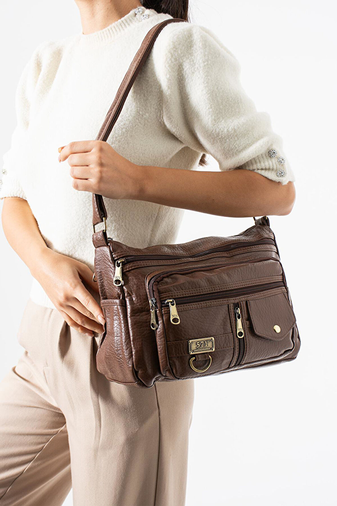 Yıkama Deri Çapraz Askılı Omuz Çantası Poliüretan Deri Vizon Model:(571-14-16A)