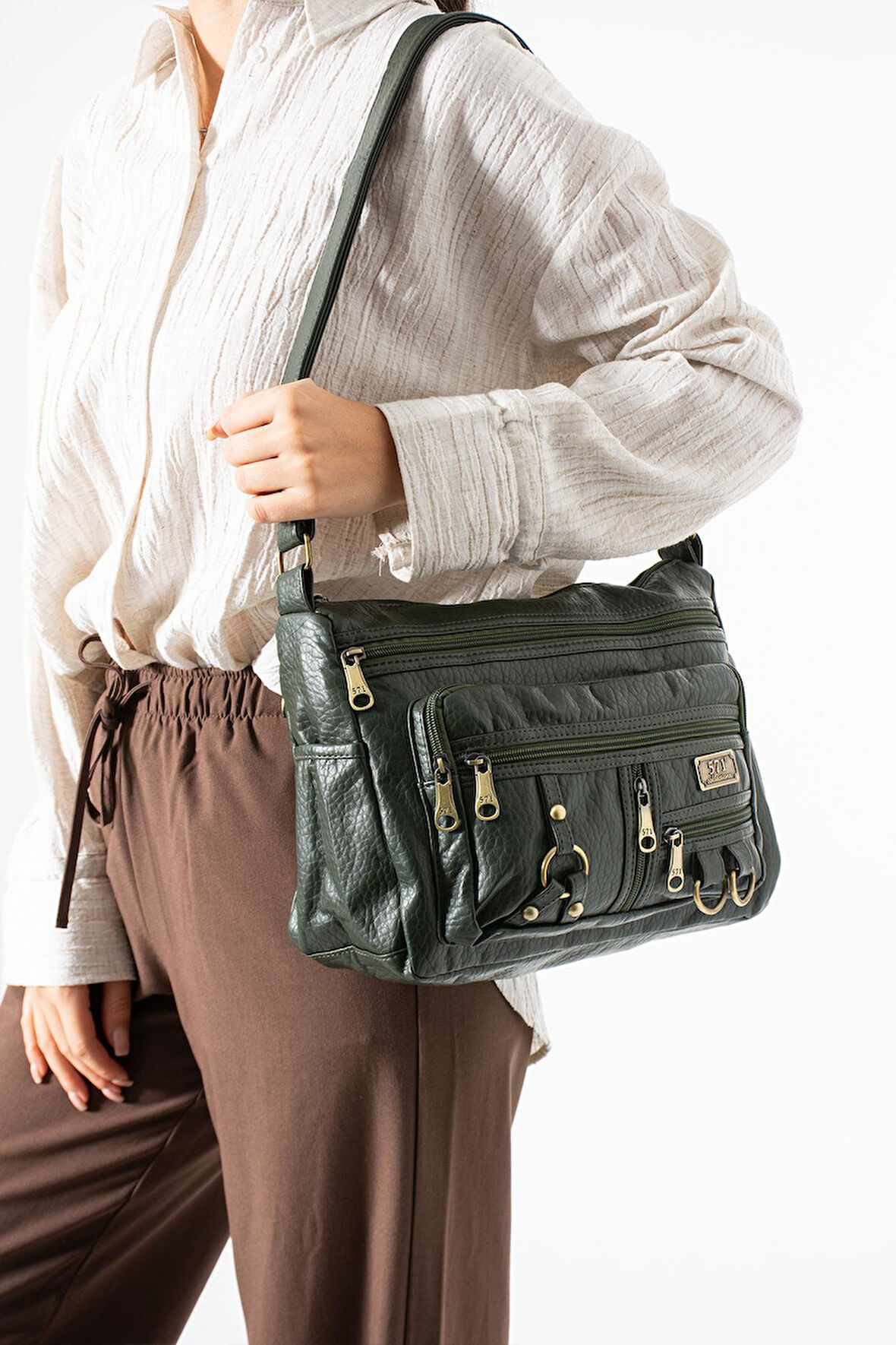 Yıkama Deri Çapraz Askılı Omuz Çantası Poliüretan Deri Haki Model:(571-14-16B)