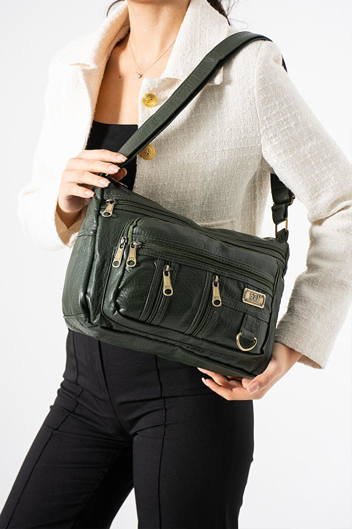 Yıkama Deri Çapraz Askılı Omuz Çantası Poliüretan Deri Haki Model:(571-14-16D)