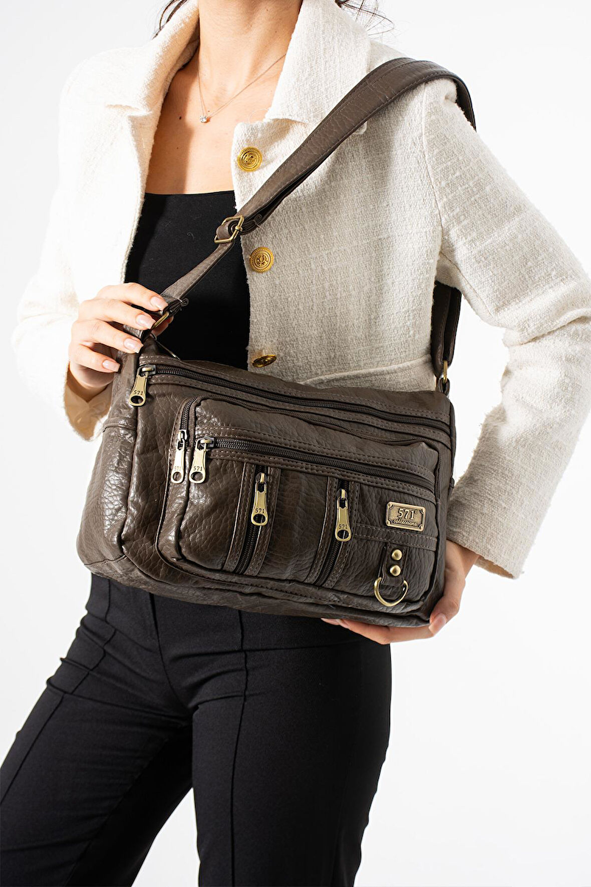 Yıkama Deri Çapraz Askılı Omuz Çantası Poliüretan Deri Vizon Model:(571-14-16D)