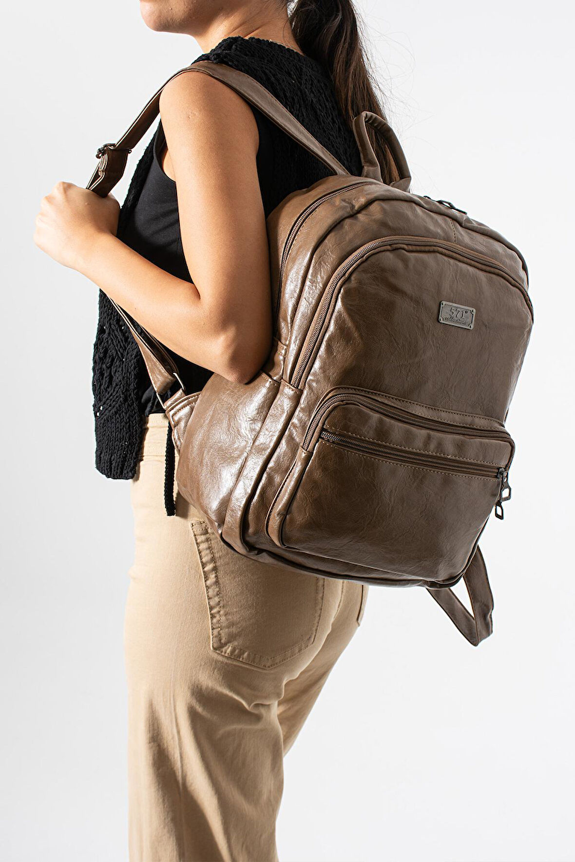 Suni Deri Yıkama Sırt Çantası (Poliüretan) Vizon Model:(571-14-16H)